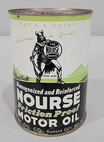 Nourse Friction Proof Motor Oil (green) w/Viking Logo One-Quart Round Metal Can (TAC)