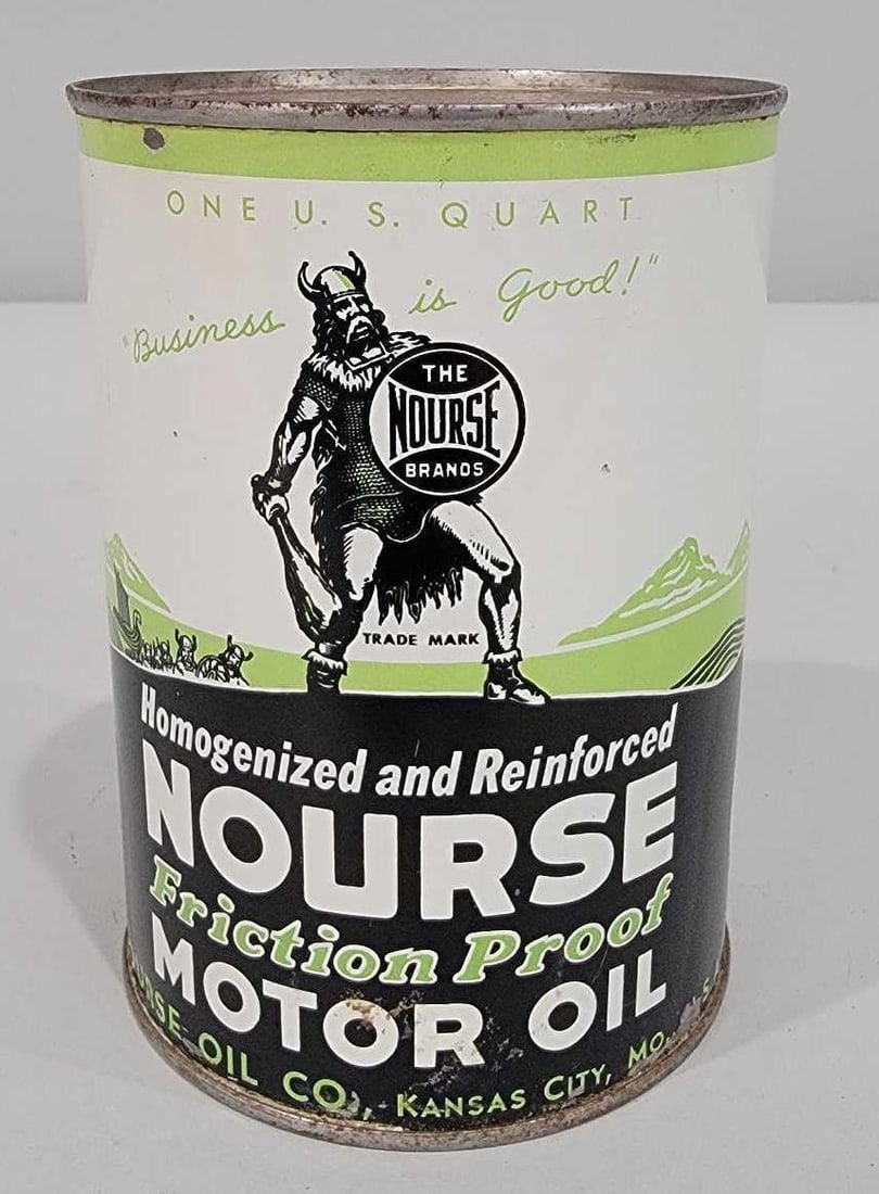 Nourse Friction Proof Motor Oil (green) w/Viking Logo One-Quart Round Metal Can (TAC) (1 of 6)