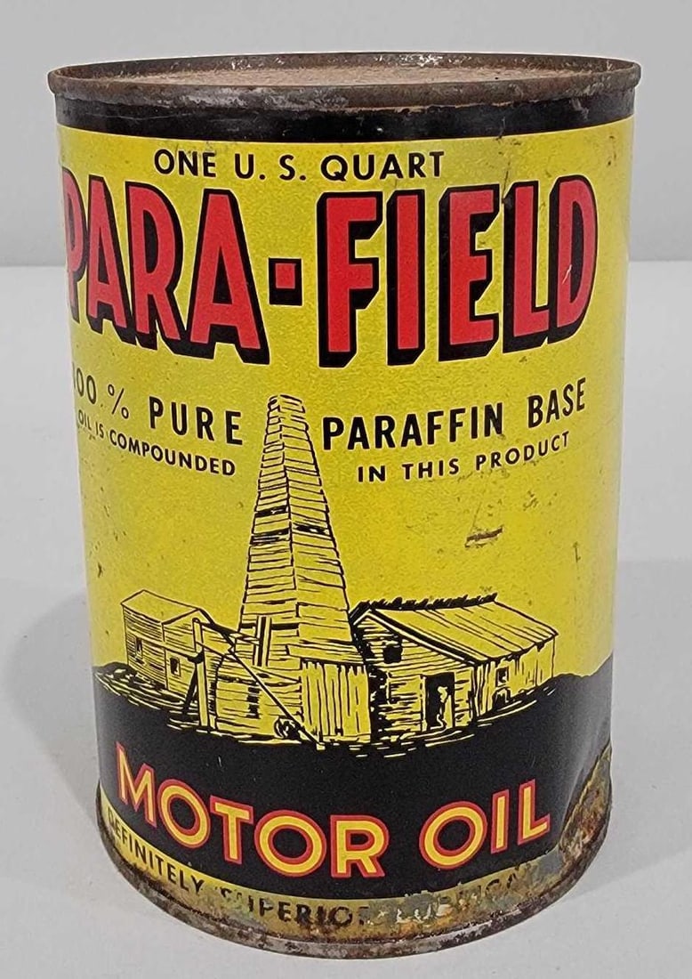 Para-Field w/Derrick Scene One-Quart Round Metal Can (TAC): rated 7, the one-quart round metal can, with crimped seam, has wear, soiling, has paint loss around the bottom edge, is empty, opened on top. Rarity 5. TAC #060772
