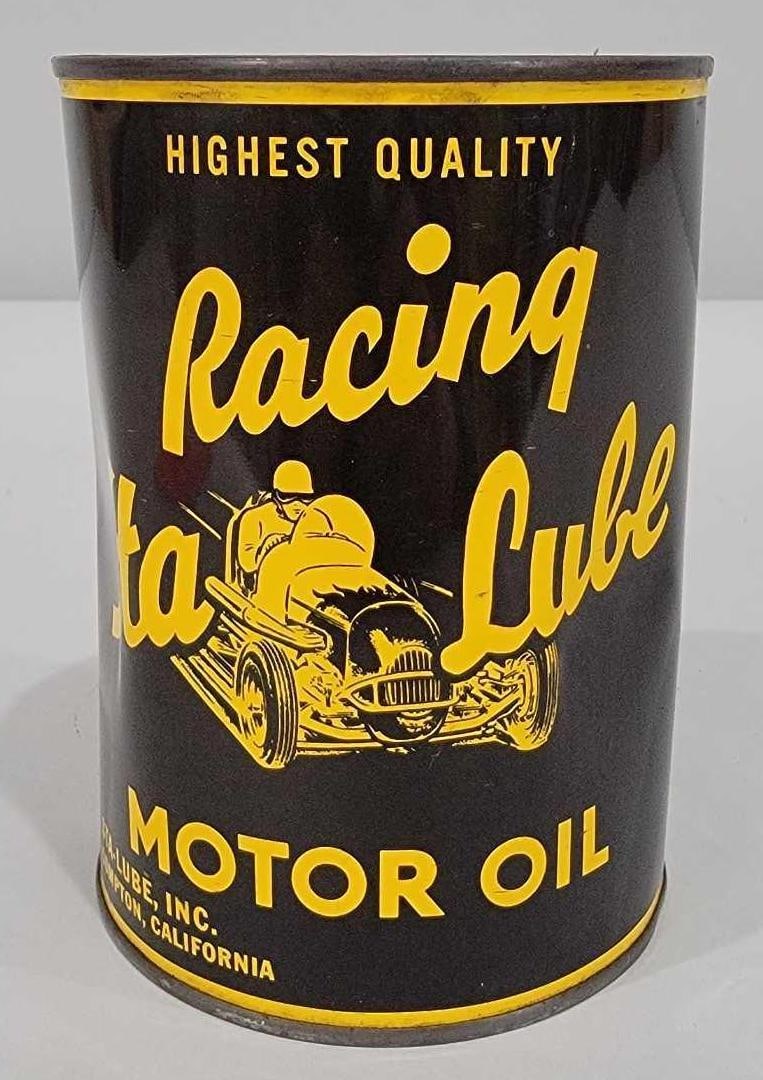 Sta Lube Racing Motor Oil w/Midget Car Image One-Quart Round Metal Can (TAC ): rated 9, the one quart round metal can with crimped seam, has very good color and shine, has dent in the side, is full. Rarity 2. TAC #060780