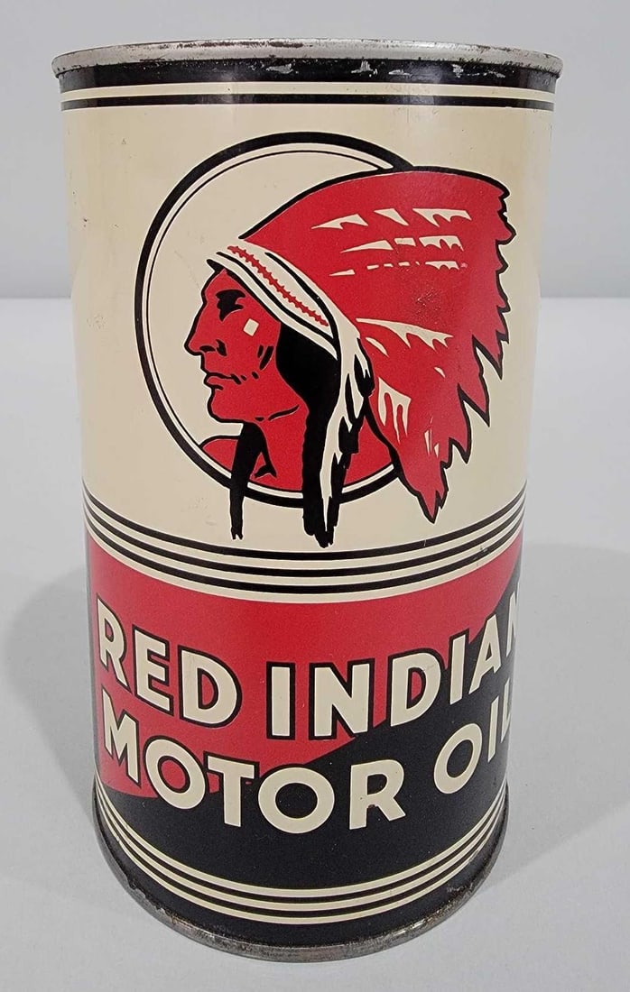 Red Indian Motor Oil w/Logo One-Quart Imperial Metal Can (TAC): rated 9, the one-quart Imperial metal can with soldered seam, has very good color and shine, has light wear, is opened on bottom. Rarith 2. TAC #060781