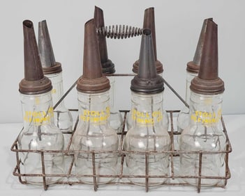 8-Stoll Oil Refining Quart Bottles w/Metal Spouts