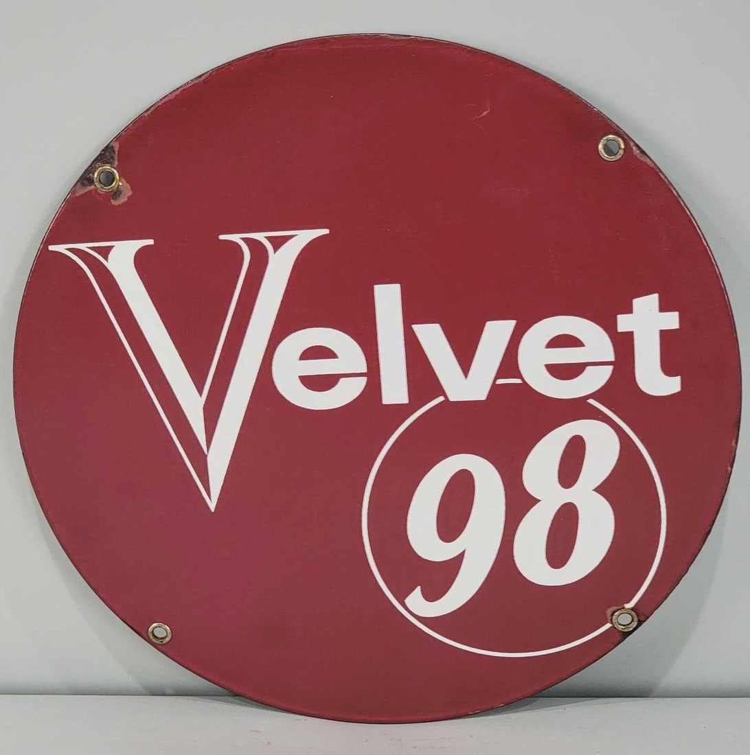 Velvet 98 Porcelain Pump Sign (TAC): rated 9, 9.75"D., the SSP sign has good color and some gloss, field is clean, has tiny chips at two mounting holes. Rarity 1. TAC #061122
