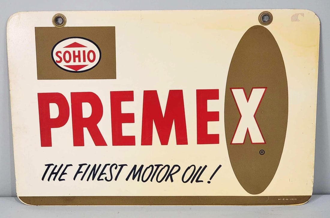 Sohio Premex "The Finest Motor Oil" Metal Sign (TAC): rated 9, 10"x15.25", the DST sign has good color and shine, slightly yellowed, marked MCA. Rarity 4. TAC #033833