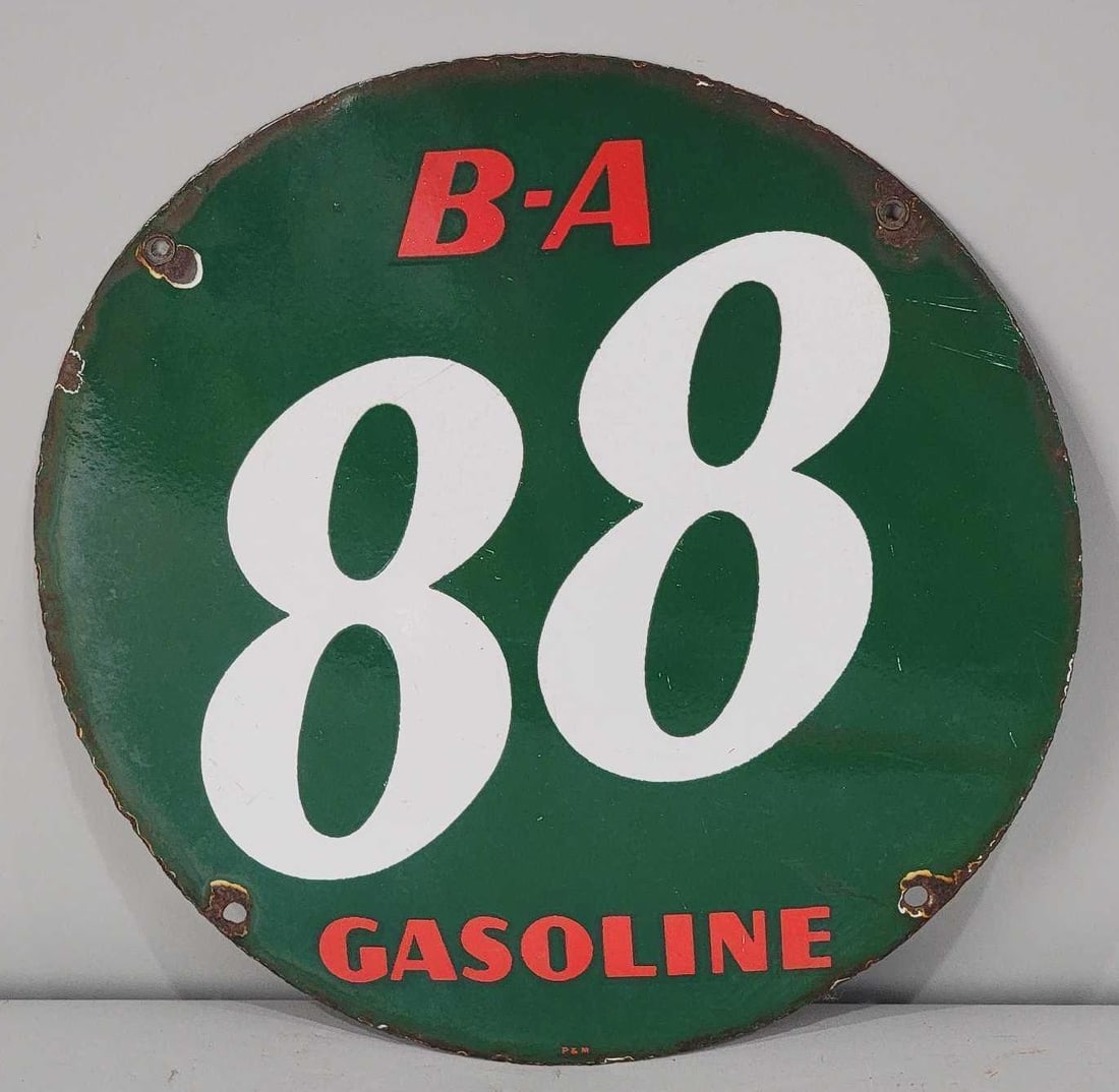 B-A Gasoline 88 Porcelain Pump Sign (TAC): rated 8.25, 9.75"D., the SSP sign has good color and gloss, has light wear in the field, has chips at all the mounting holes and around the perimeter, marked P&M. Rarity 2. TAC #061123
