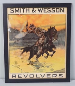 Period Smith & Wesson Revolvers Print w/Man on Horse Back Framed