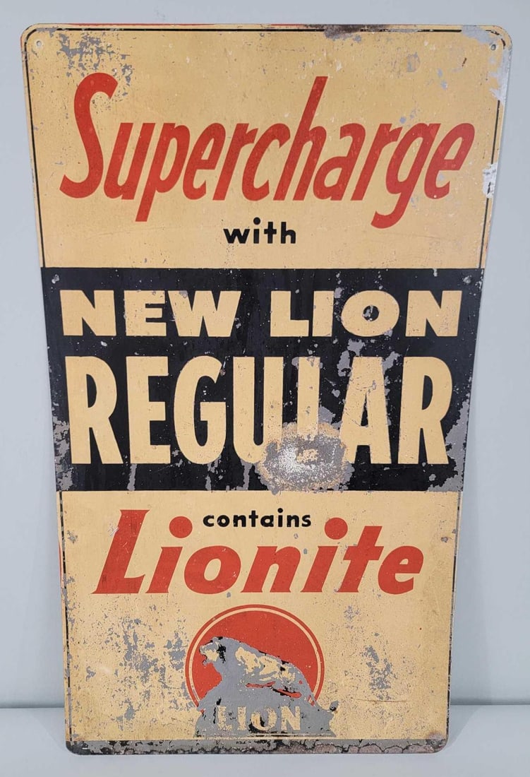 New Lion Regular w/Lion Standing on Rock Logo Metal Pump Sign (TAC): rated 6, 24"x14", the SST sign has wear and paint loss. Rarity 4. TAC #061130