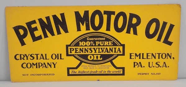 Penn Motor Oil Crystal Oil Company Cardboard Sign (TAC)