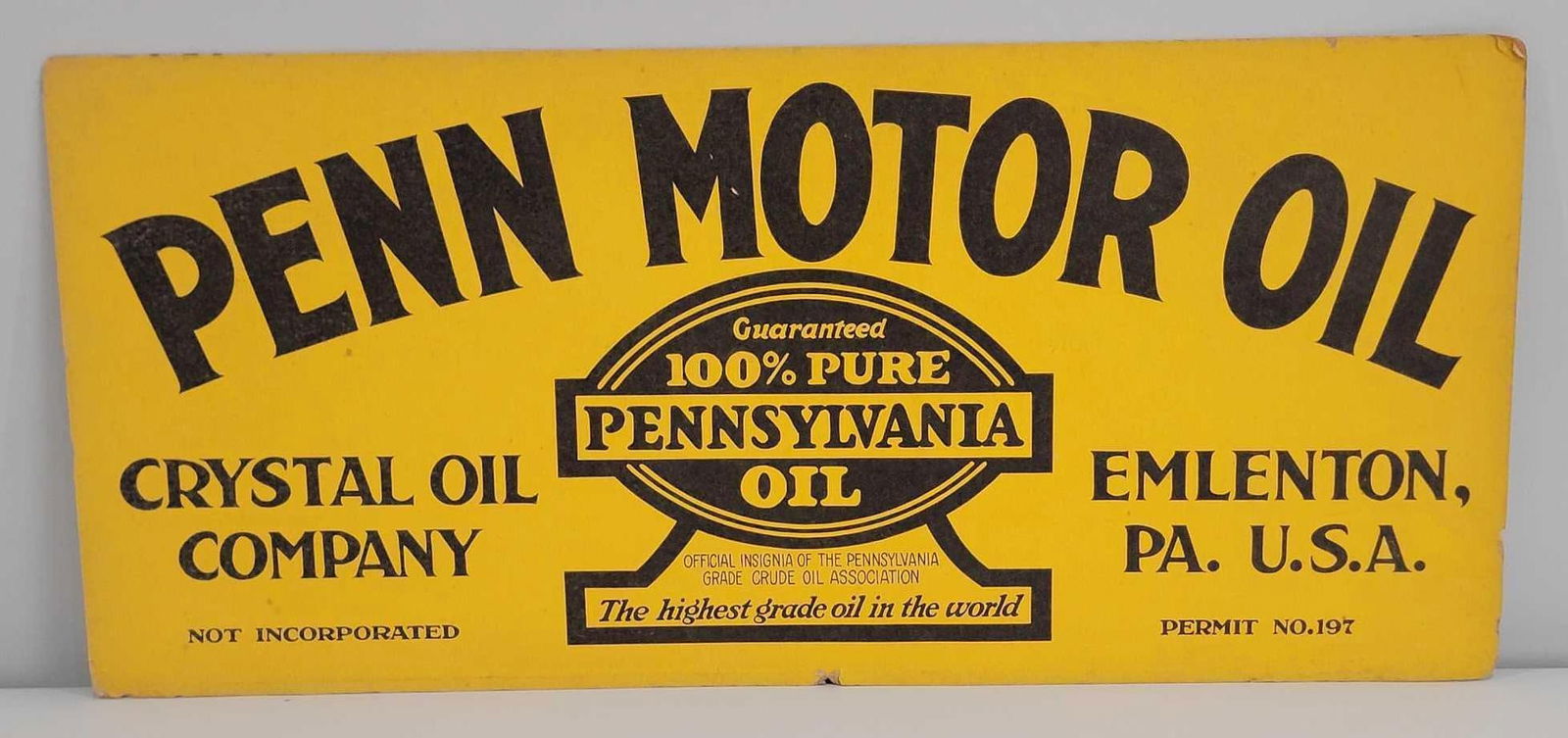 Penn Motor Oil Crystal Oil Company Cardboard Sign (TAC) (1 of 3)