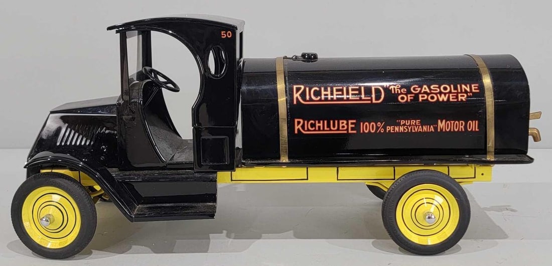 Large Press Steel Mack "C" Cab Richfield Gasoline Tanker Truck (restored): 28"L., the press steel tanker truck has been professionally restored.