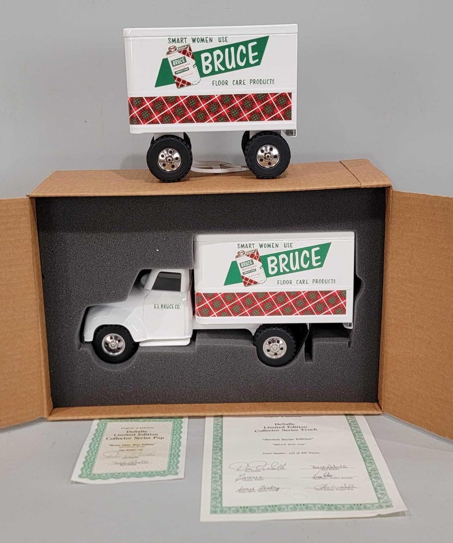 De Salle Tonka 1956 Style Bruce Floor Care Truck & Pup Trailer NIB: rated 9.5, 36"L., the toy is in excellent condition, we open the boxes for the first time.