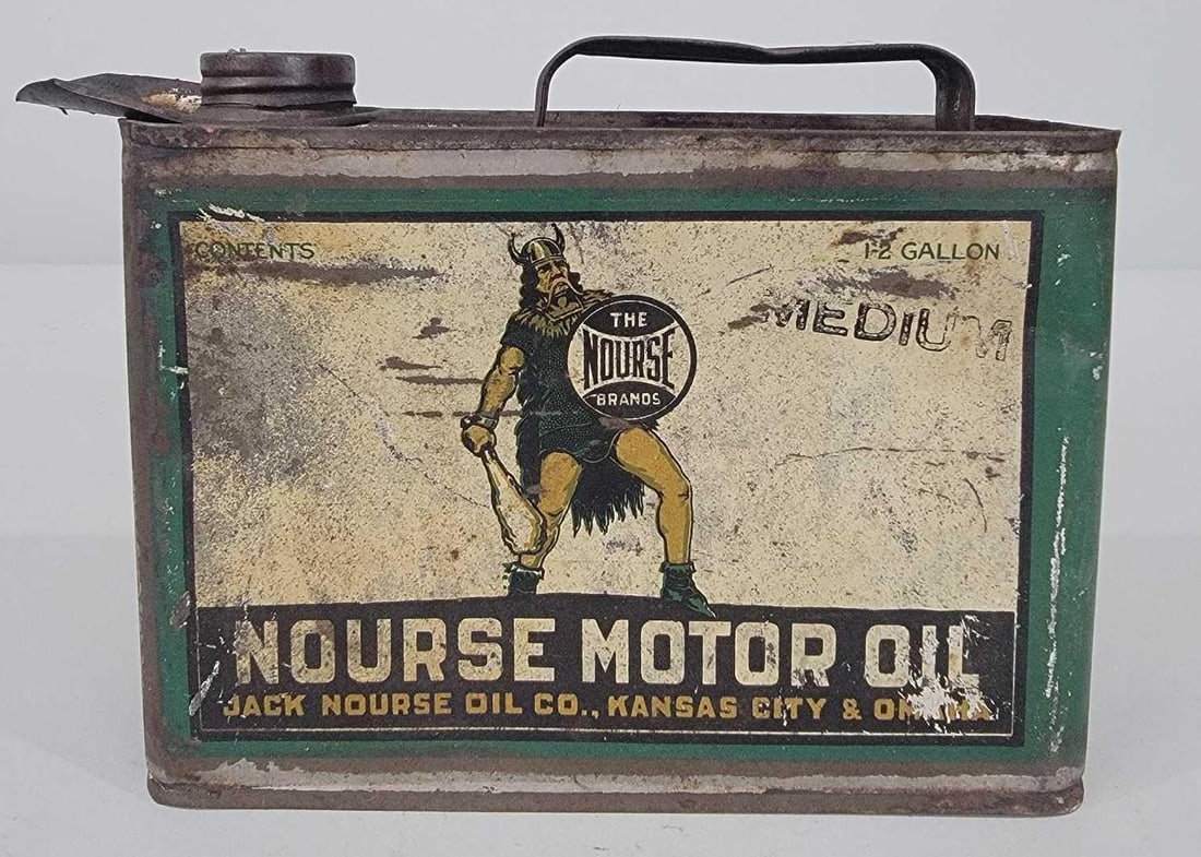 Nourse Motor Oil w/Logo Half-Gallon Flat Metal Can: rated 6.75, the half-gallon flat metal can has wear, soiling and staining, has lid and spout.