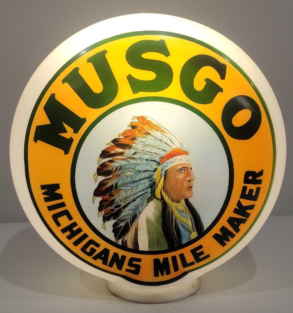 Musgo "Michigans Mile Maker" w/Logo OPB Milk Glass Globe (TAC): rated 8.5, the OPB (one-piece baked) milk glass globe has excellent color, the body has a piece missing from the base, see photos, no cracks, ink stamped Made in U.S.A. TAC #025530