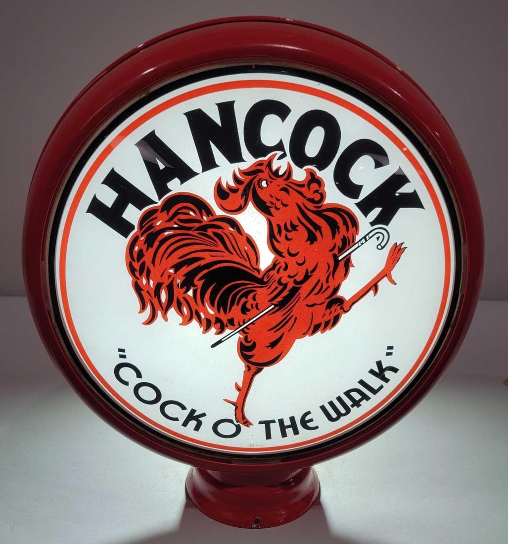 Hancock "Cock O The Walk" w/Rooster Logo 15" Single Globe Lens (TAC): rated 8.9, 15"D., the single globe lens has good color, field is clean, has small area of wear at the bottom edge, silicon in a HP metal globe body. TAC #025681