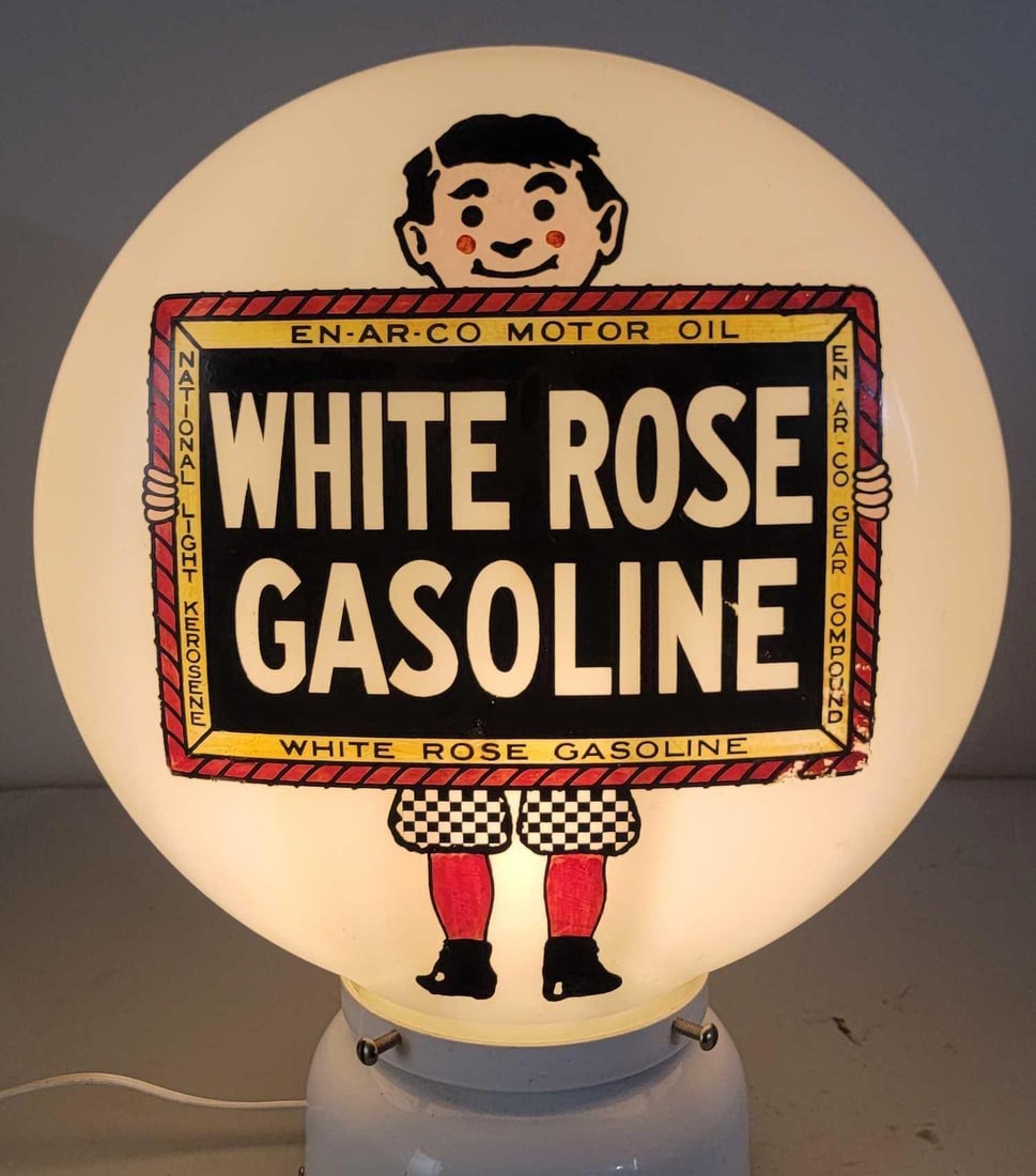 White Rose Gasoline w/Boy & Slate Logo OPB Milk Glass Globe (TAC): rated 9 & 8.5, the OPB (one-piece baked) milk glass globe display has light wear, reverse has more, base is good. TAC #025729