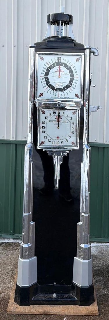Erie Model #50 Cash Recording Clock Face Gas Pump (restored): 85"T., the gas pump has been professionally restored in black with chromed trim, has globe holder, this is just a great looking pump. This Item must be picked up in Wisconsin