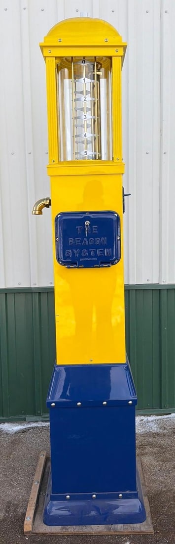 Rare 1922 Beacon Visible Five Gallon Gas Pump (restored): 95"T., the pump has been professionally restored in blue & yellow colors, glass cylinder is good. This Item must be picked up in Wisconsin