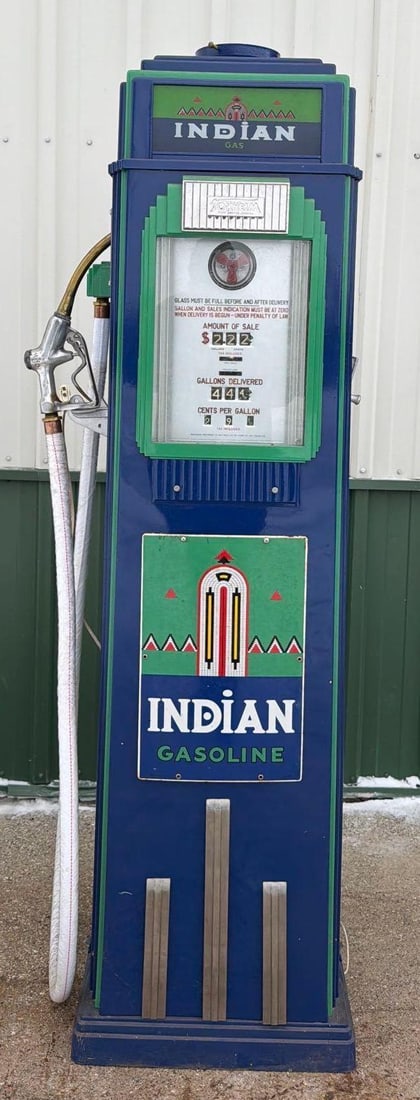 Tokheim Model #36B Computing Gas Pump (restored): 77"T., Pump has been professionally restored in Indian Gasoline colors, with an original 18"x12" SSP pump sign, white hose and nozzle. I think the ad glass at top is newer. Has guts. This