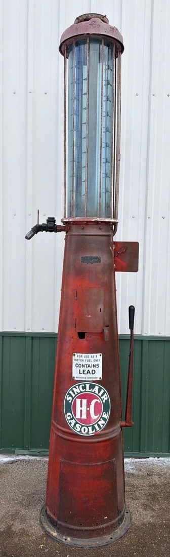 1926 Gilbert & Barker Model #176 Tall Ten Gallon Visible Gas Pump: 122"T., the pump is in as found original condition, sheet metal is straight, blue glass cylinder is in good condition. has pump. This Item must be picked up in Wisconsin