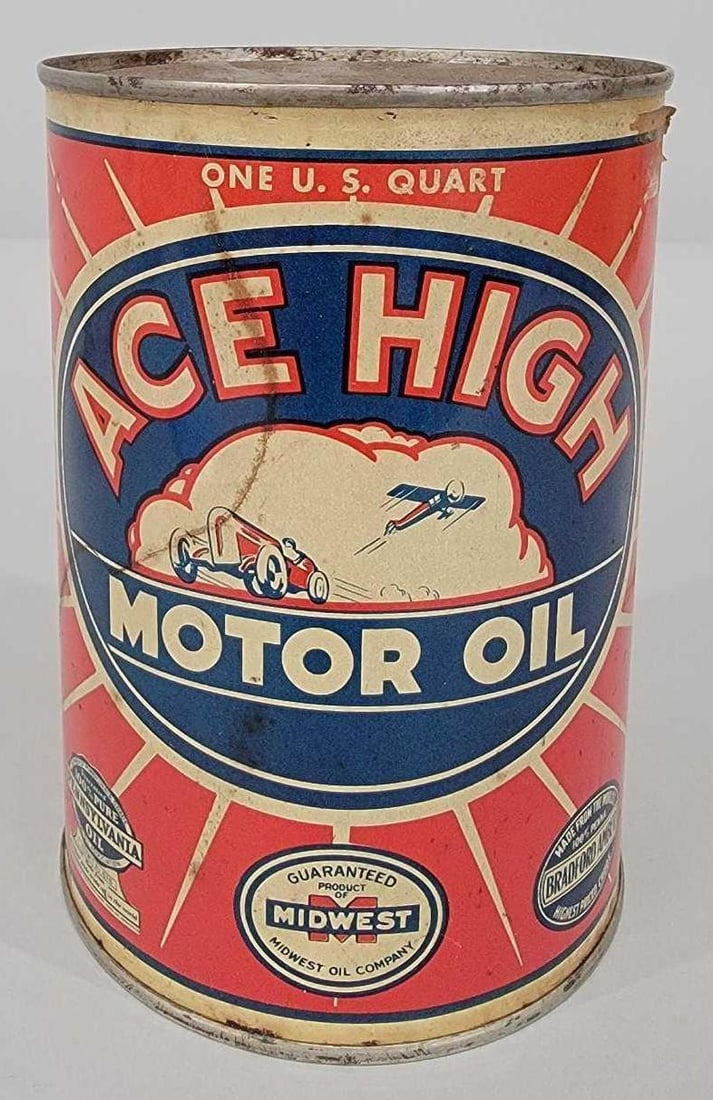 Ace High Motor Oil w/Logo One-Quart Round Metal Can (TAC): rated 8, the one quart round metal can has good color and shine, has mark in the field, has light soiling, is full, has soldered seam. TAC #061299