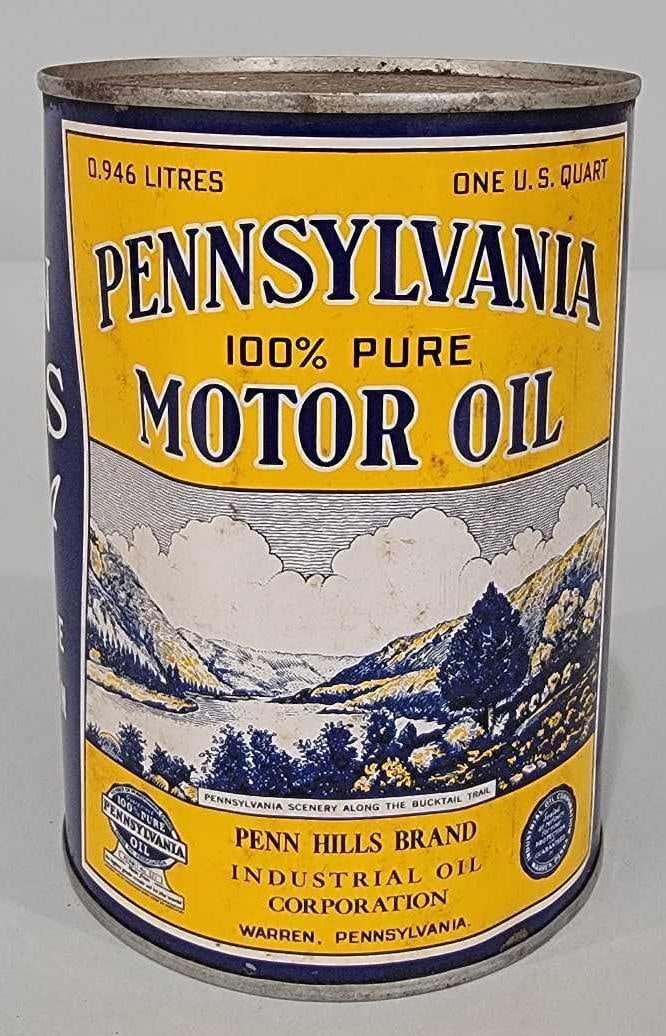 Pennsylvania Motor Oil w/Image One-Quart Round Metal Can (TAC61303): rated 8.9, the one quart round metal can has very good color and shine, has light wear, is full, crimped seam. TAC #061303