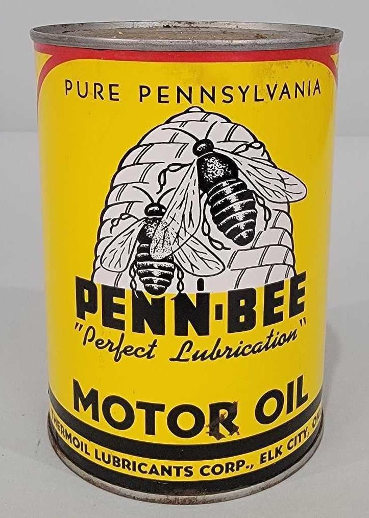 Penn-Bee Motor Oil w/Logo One-Quart Round Metal Can (TAC): rated 9.25, the one quart round metal can has excellent color and shine, is full, has crimped seam, light wear. TAC #061305
