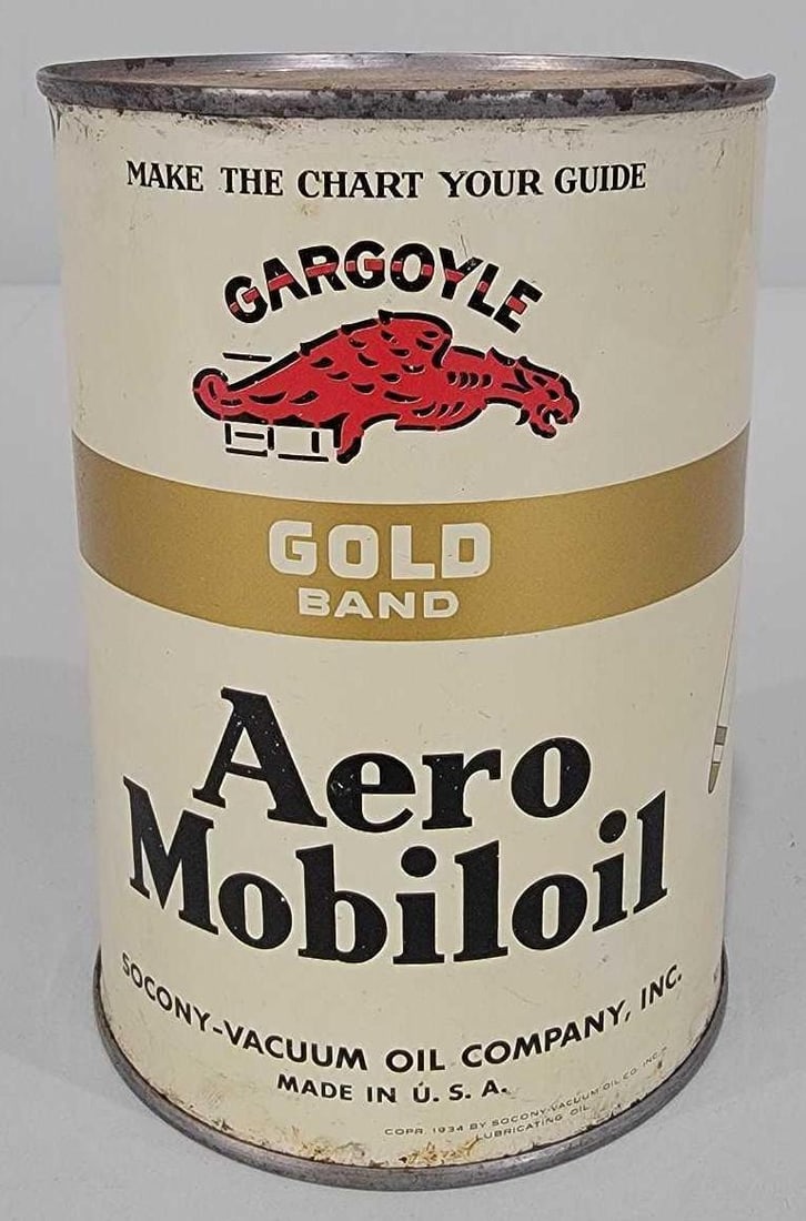 Aero Mobiloil "Gold Band" One Quart Round Metal Can (TAC): rated 9, the one quart round metal can has very good color and shine, soldered seam, is full, has dent in the top rim. TAC #061313