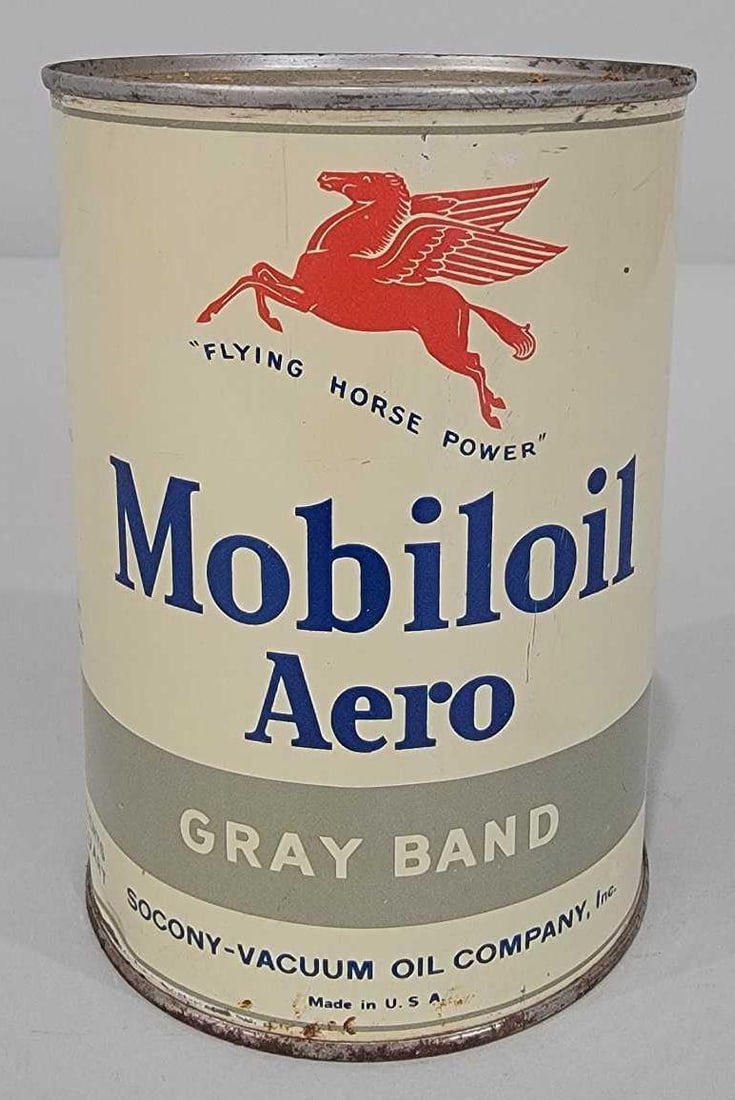 Mobiloil Aero "Gray Band" One Quart Round Metal Can (TAC): rated 9+, the one quart round metal can has good color and shine, soldered seam, is full. TAC #061314