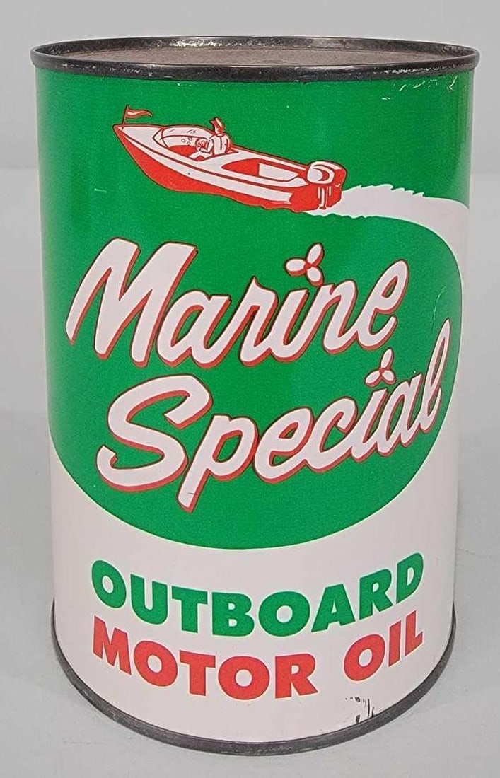 Marine Special Outboard Motor Oil One Quart Round M61302etal Can (TAC): rated 9, the one quart round metal can has excellent color and shine, minor edge wear, is full, crimped seam. TAC #061302