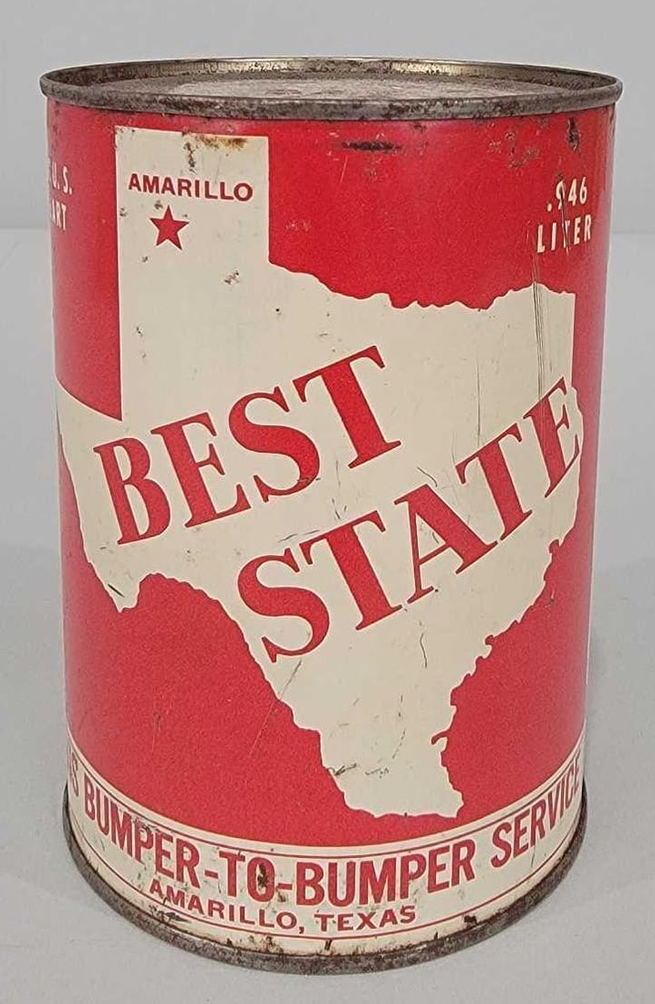 Best State Motor Oil w/Texas Image One Quart Round Metal Can (TAC): rated 7.5, the one quart round metal can is empty, opened on bottom, soldered seam, has good color and shine, has wear and fine scratches. TAC #061308