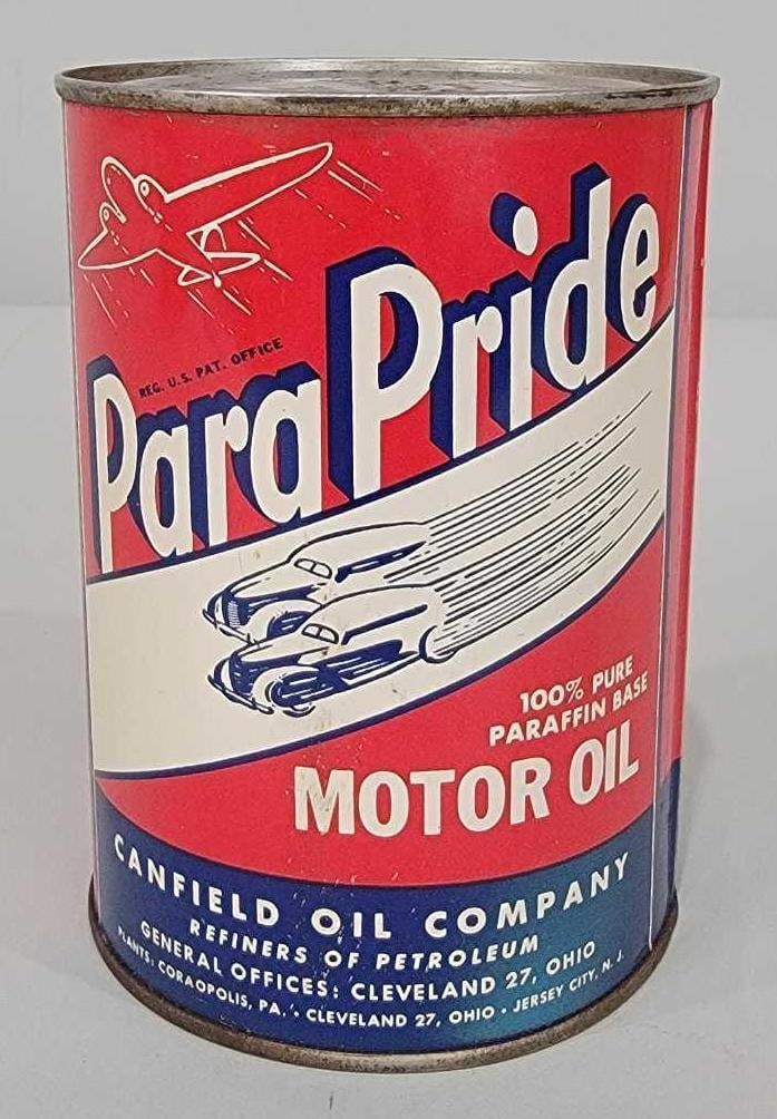 ParaPride Motor Oil w/Logo One-Quart Round Metal Can (TAC): rated 9 & 7, the one quart round metal can with crimped seam, is empty, has good color and shine, display is clean, reverse has wear, opened on bottom. TAC #061307