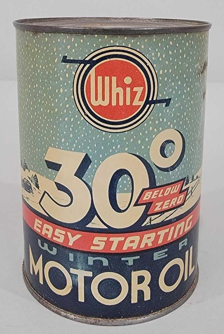 Whiz 30 Below Zero Motor Oil One Quart Round Metal Can (TAC): rated 7.5, the one quart round metal can, is empty, bottom is missing, has soiling. TAC #061309
