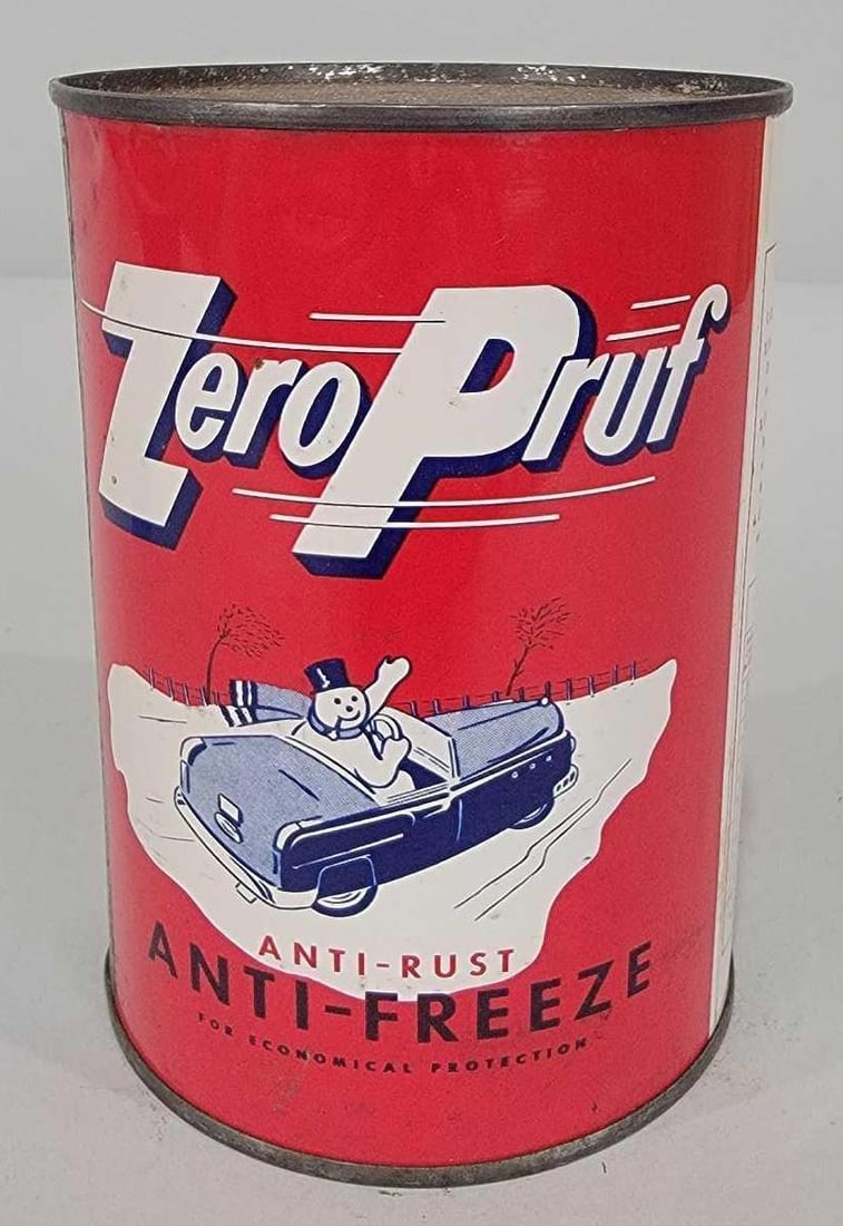 Zero Pruf w/Image Anti-Freeze One Quart Round Metal Can (TAC): rated 8.75, the one quart round metal can has good color and shine, has light wear and a few small dings, soldered seam, is full. TAC #061321