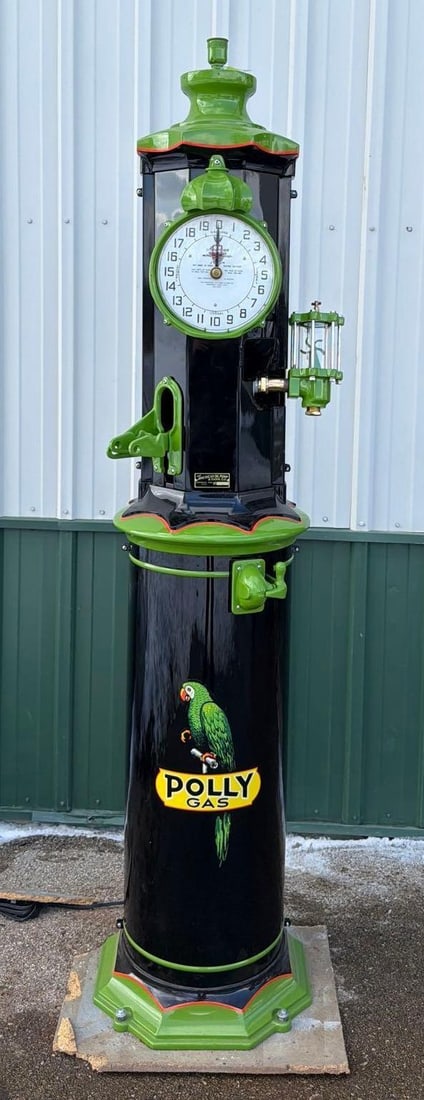 1930 American Model #184 "Challenger" Clock-Face Curb Pump (restored): 85"T., the pump has been professionally restored in Polly Gas colors, comes with spinner gauge. This Item must be picked up in Wisconsin