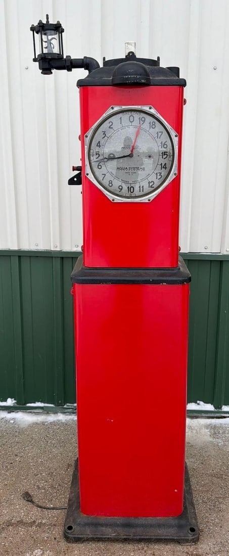 1931 Aqua Model #E-455 Clock Face Gas Pump (restored): 84"T., the pump is repainted in red body and black trim, the clock face has wear. Pump is removed. This Item must be picked up in Wisconsin