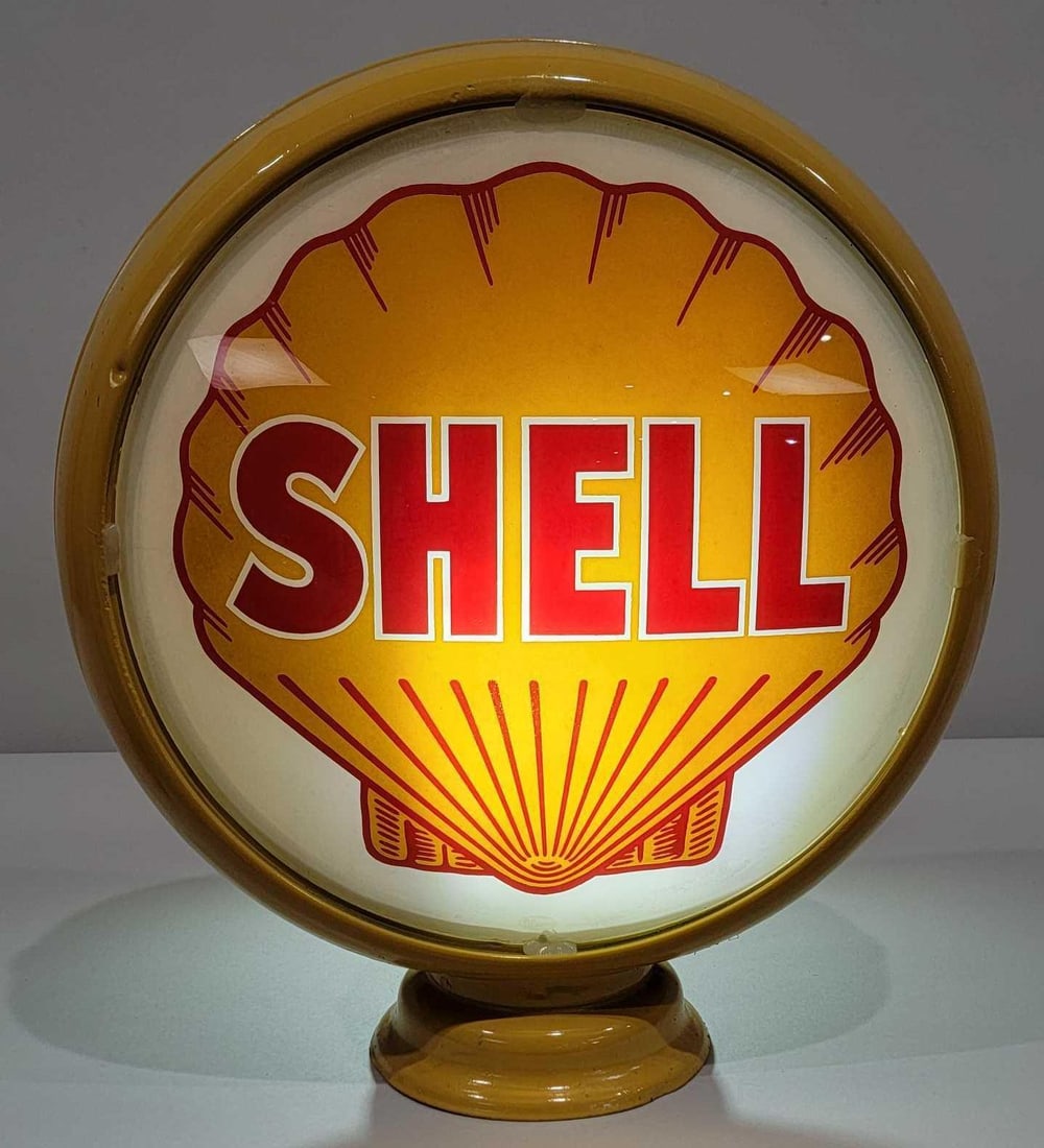 East Coast Shell 15" Globe Lenses (TAC): rated 9, 15"D., the single globe lens is in very good condition, has one tiny paint chip at 4 o'clock edge, reverse lens is broken, has been silicon in an original repainted HP metal globe body. TAC