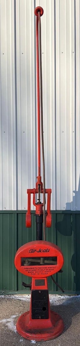 Air-Scale Model #C Air Meter w/Counter Balance Whip: 112"T., has been been professionally restored in red with black trim, insides appear to be complete, in good condition. This Item must be picked up in Wisconsin