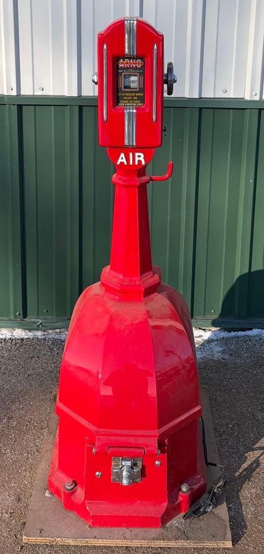 1941 Romort Arno Model #41 Air Meter w/Hose Reel Base: 53"T., has been professionally restored, appears to have internal air meter parts and hose reel. This Item must be picked up in Wisconsin