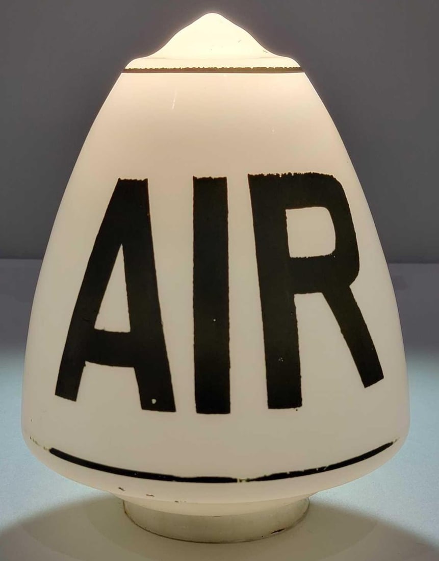 Acorn Shaped AIR OPB Milk Glass Globe w/4" Base (TAC): rated 8.9, 12"T., the OPB (one-piece baked) acorn shaped milk glass globe body, the paint is slightly weathered, has chips around on the base, no cracks. TAC #025656