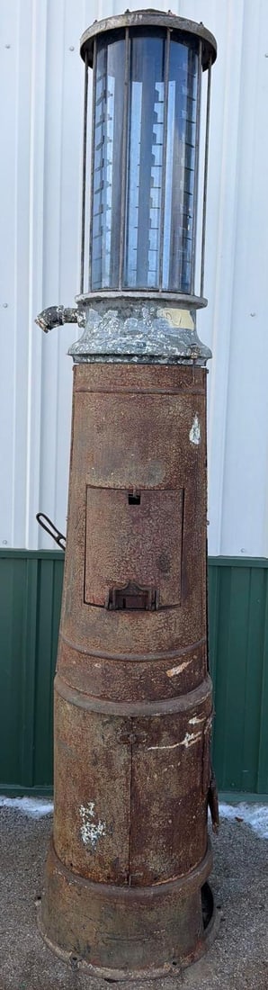 Ten Gallon Visible Gas Pump: 106"T., has pump handle, missing bottom access doors. The cast ring above the pump handle is broken. Glass cylinder is good. This Item must be picked up in Wisconsin