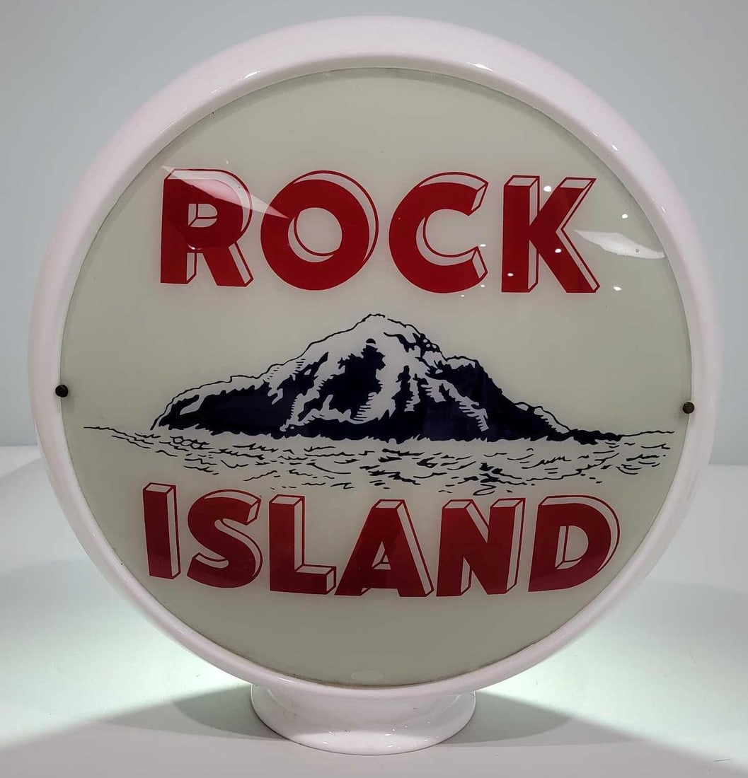 Rock Island (gasoline) w/Logo 13.5" Single Globe Lens (TAC): rated 9, 13.5"D., the single globe lens is in very good condition, mounted on a wide glass globe body, has chips around the base.. TAC #025711