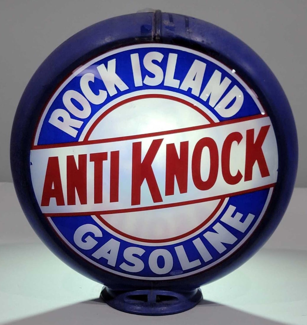 Rock Island Anti Knock 13.5" Globe Lenses (TAC): rated 9 & broken, 13.5"D., the display lens is in good condition, has very minor edge wear, reverse is broken, mounted in an original blue Capco globe body that is cracked at the top. TAC #025712