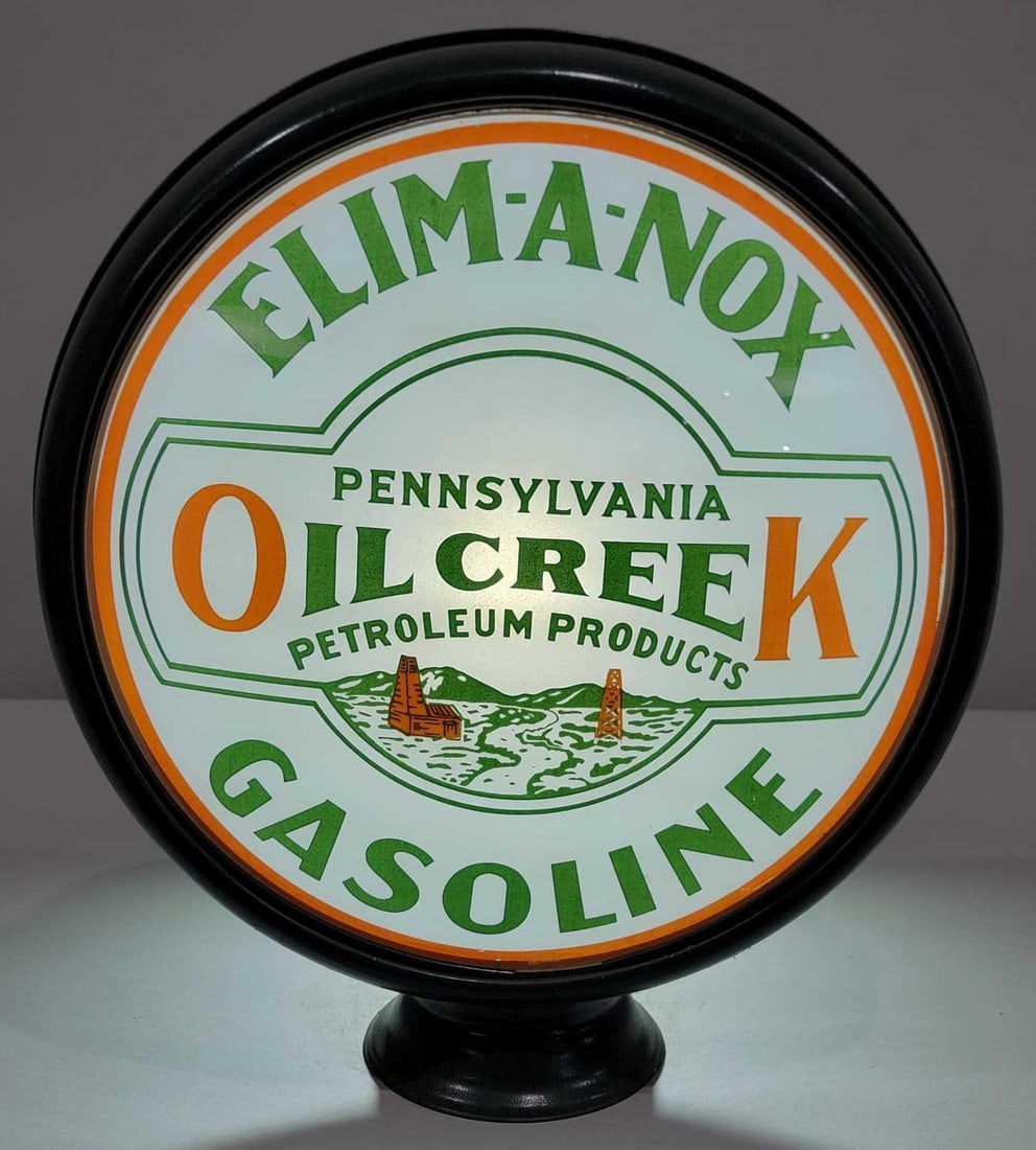 Oil Creek Gasoline "Elim-a-Nox" 15" Single Globe Lens (TAC): rated 9.5, 15"D., the single globe lens is in excellent condition, mounted in a new metal globe body. TAC #025689