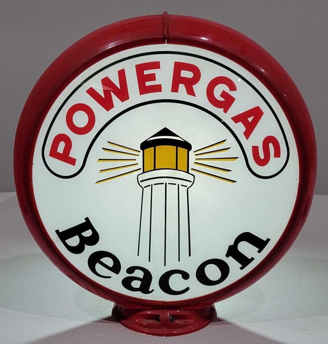 Beacon Powergas w/Logo 13.5 Single Globe Lens (TAC): rated 9, 13.5"D., the single globe lens is in very good condition, has one very tiny paint chip at the right-hand notch, mounted in an original red Capco globe body. TAC #025714