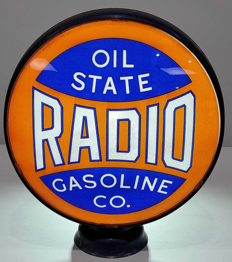Oil State Radio Gasoline Co. 15" Single Globe Lens (TAC): rated 9.5, 15"D., the single lens is in excellent condition, mounted in a repainted LP metal globe body. TAC #025684