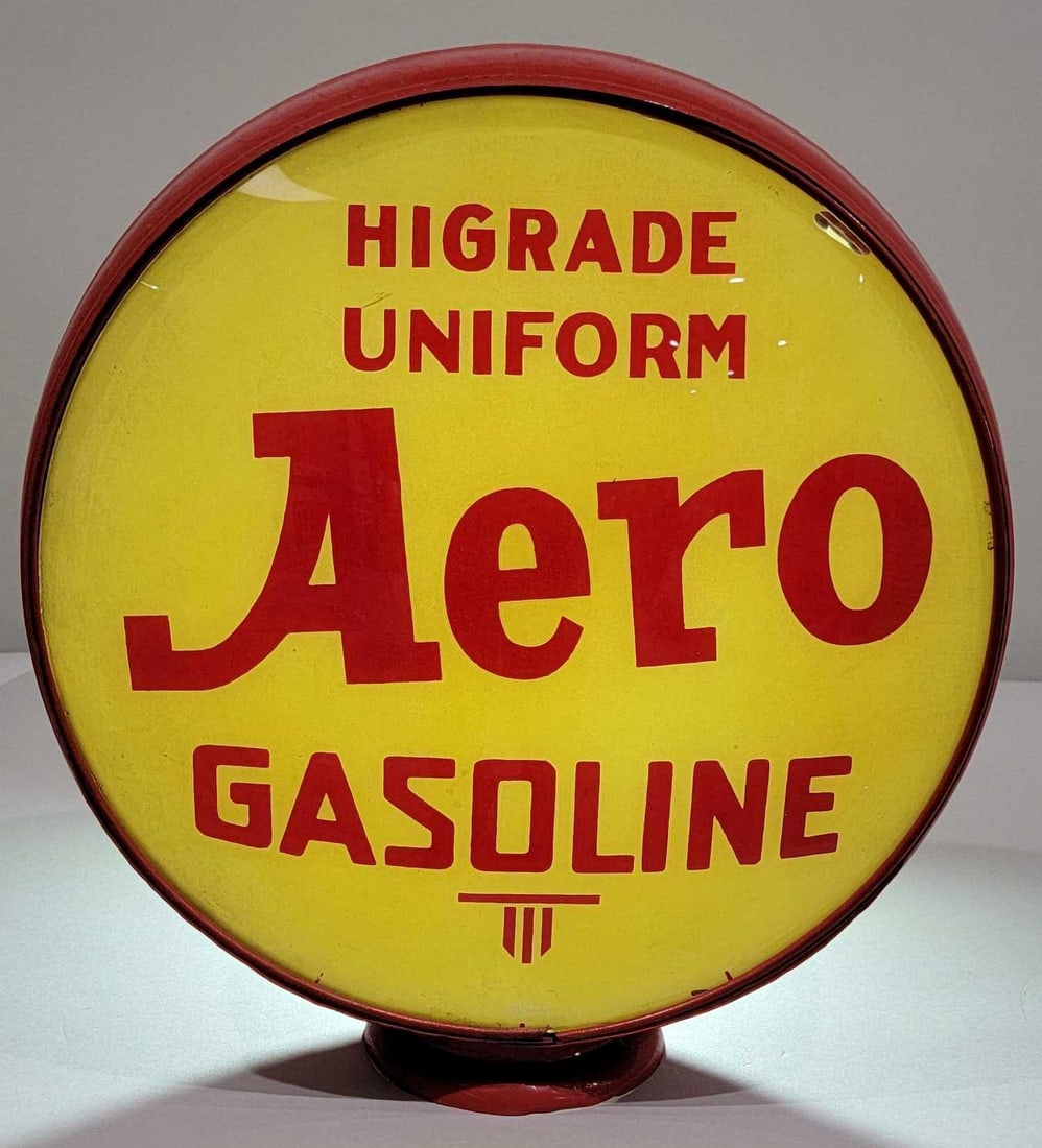 Aero Gasoline "Higrade Uniform" 15" Globe Lenses (TAC): rated 8.9 & broken, 15"D., the display lens has color color, has small paint chip at 1 o'clock edge, other tiny chips around the perimeter. TAC #025699