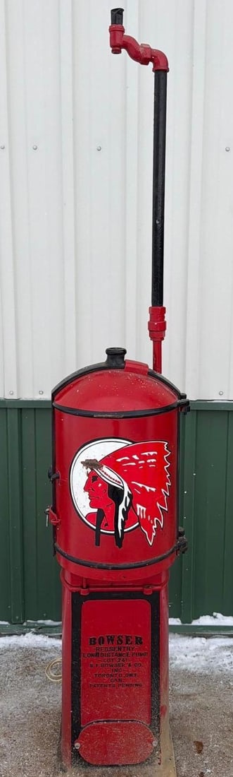 Bowser Model Red Sentry Long Distance Curb Pump: 84"T., the pump has been repainted with red body and black trim, looks to be complete but not for sure. This Item must be picked up in Wisconsin