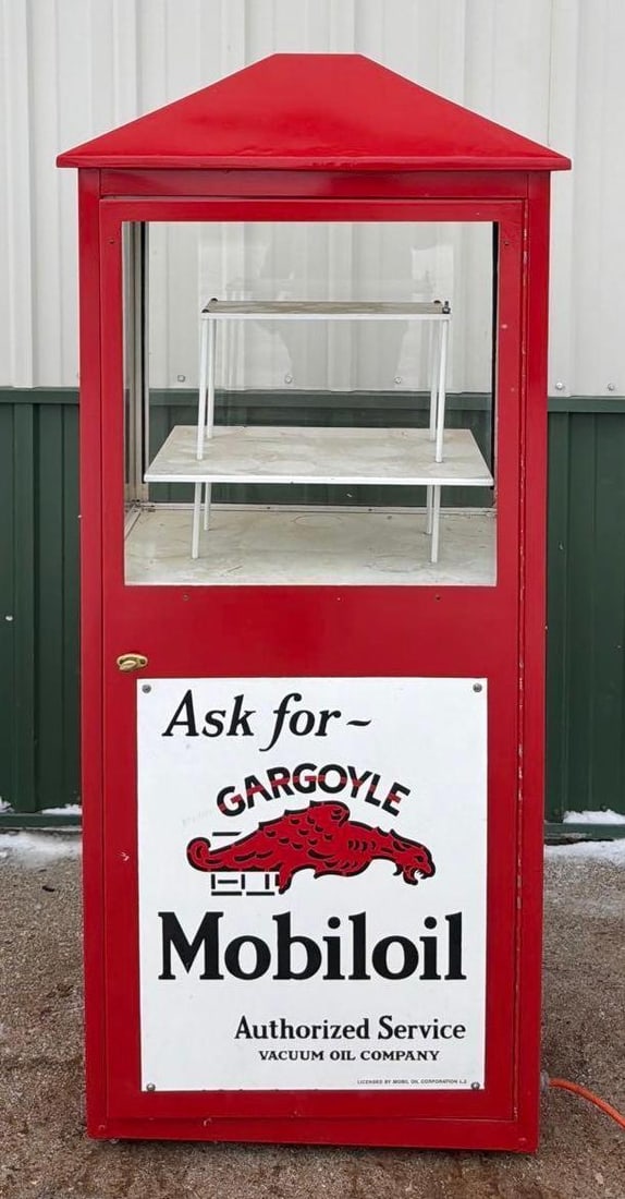 Service Station Island Display Cabinet (restored): 65"T., the cabinet has been professionally restored, has light wear, Comes with a reproduction SSP sign. This Item must be picked up in Wisconsin