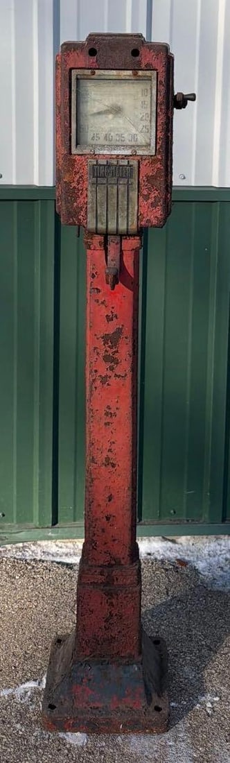 1934 Service Station Eq. ECO Model #38 Air Meter Mounted on Art Deco Pedestal: 54"T., in as found original condition, appears to be complete, no broken or cracked parts. This Item must be picked up in Wisconsin