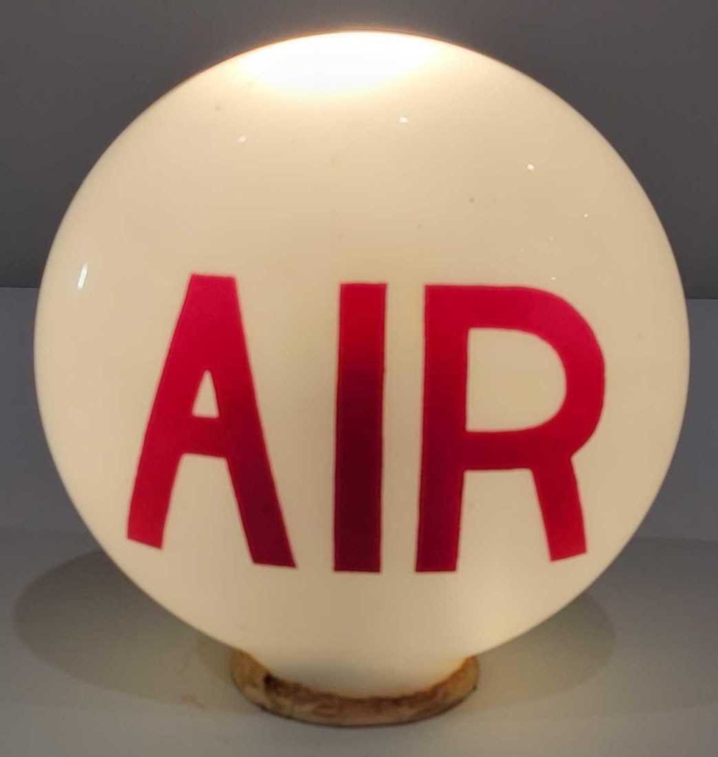 AIR OPE Milk Glass Globe w/4" Base (TAC): rated 9.5, 8.5"T., the OPE (one-piece etched) milk glass globe, has good paint, has a four inch base. TAC #025654
